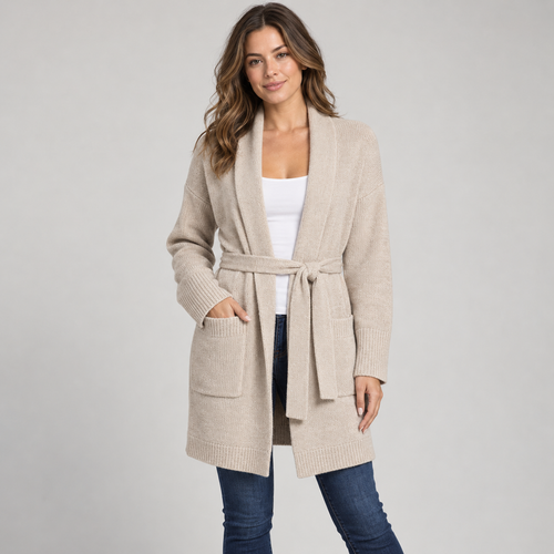 Belted Longline Knit Cardigan in Oatmeal