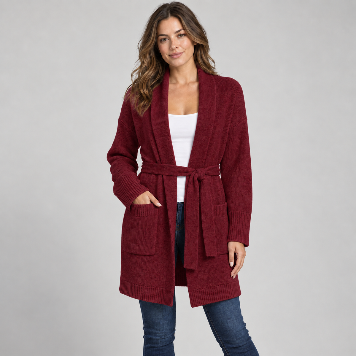 Belted Longline Knit Cardigan in Wine