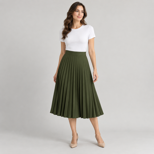 High-Waisted Pleated Midi Skirt in Olive