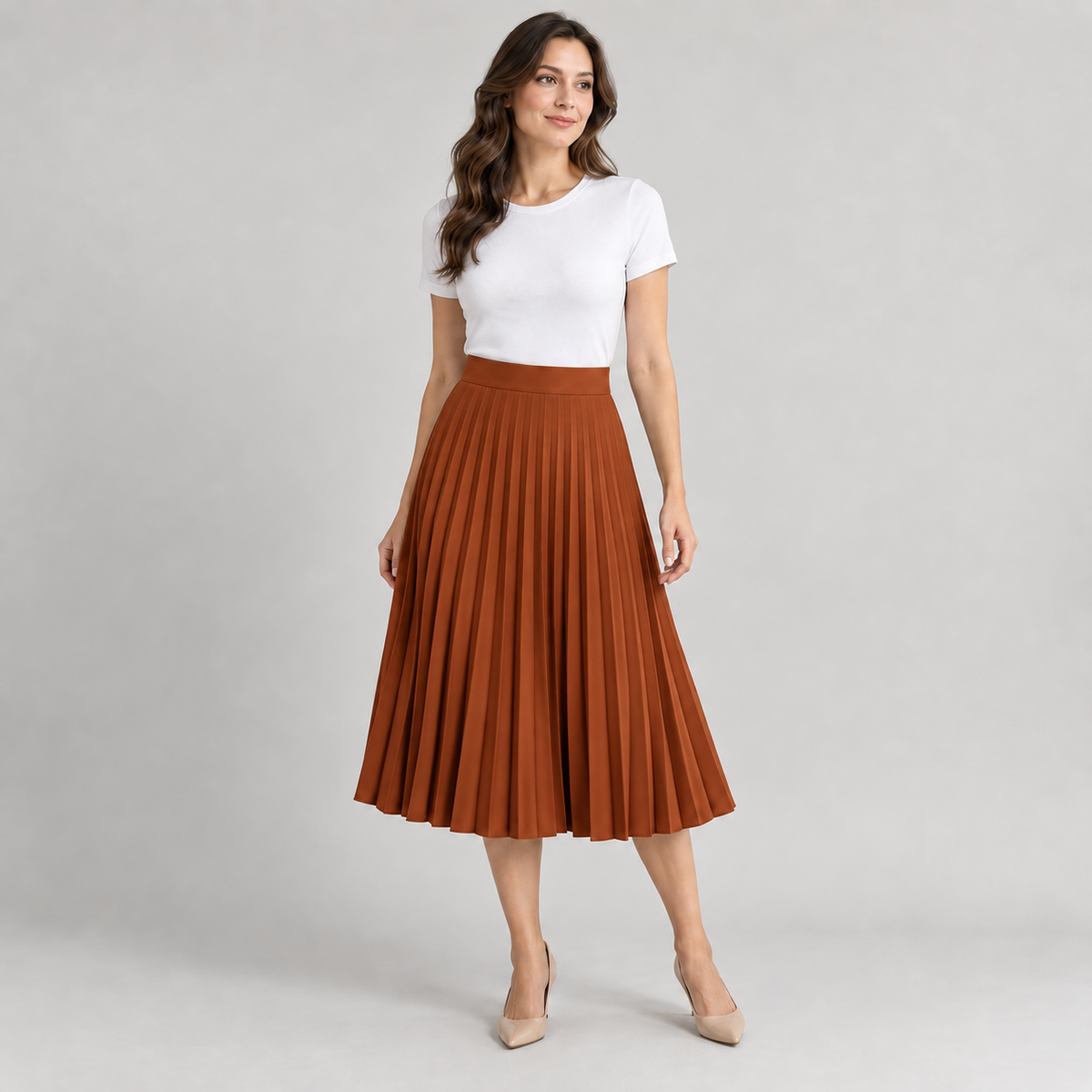 High-Waisted Pleated Midi Skirt in Rust