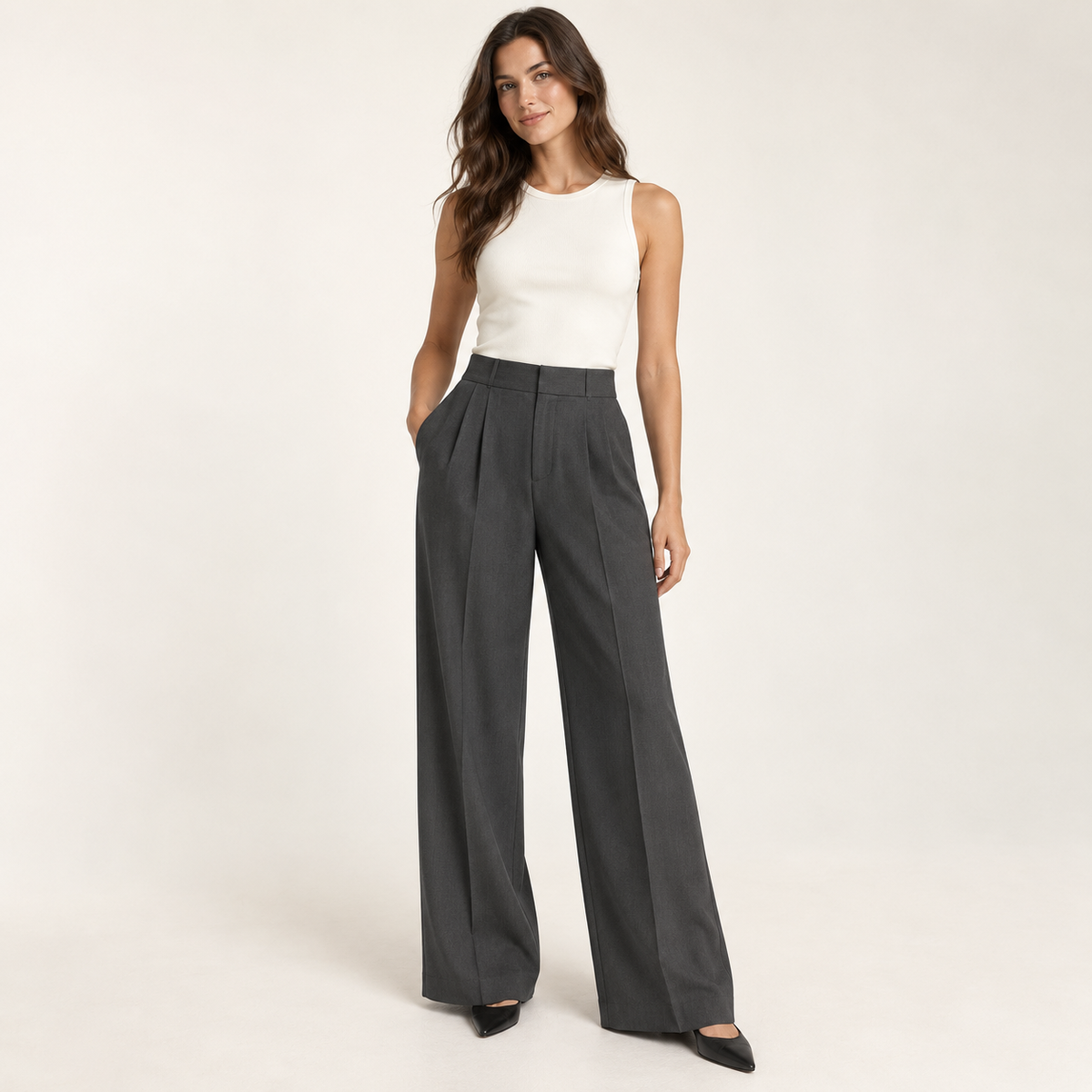 High-Waisted Wide-Leg Trousers in Charcoal