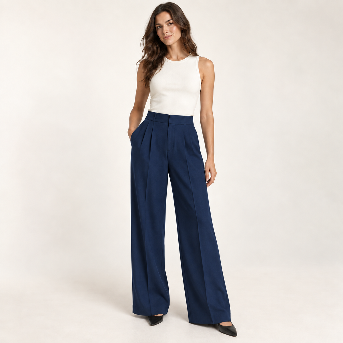 High-Waisted Wide-Leg Trousers in Navy