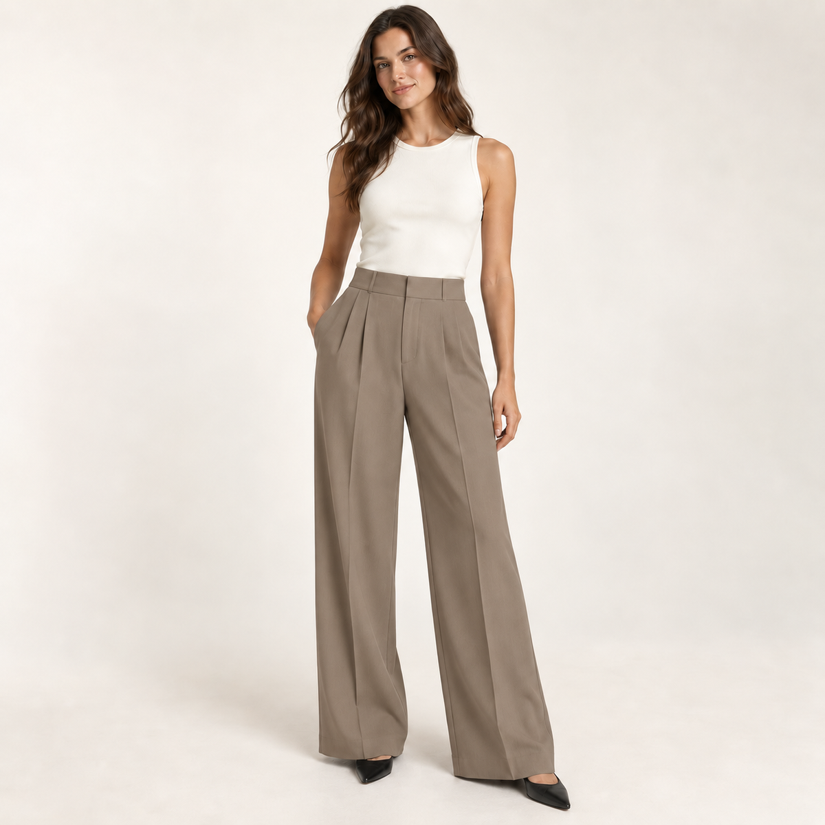 High-Waisted Wide-Leg Trousers in Taupe
