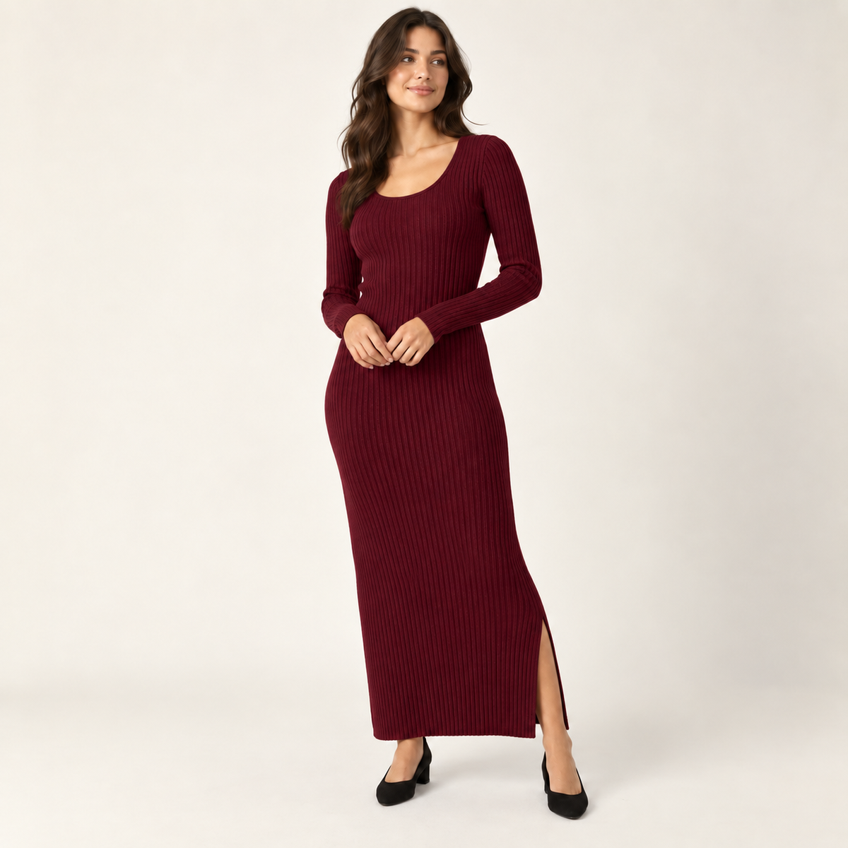 Ribbed Knit Maxi Dress in Burgundy