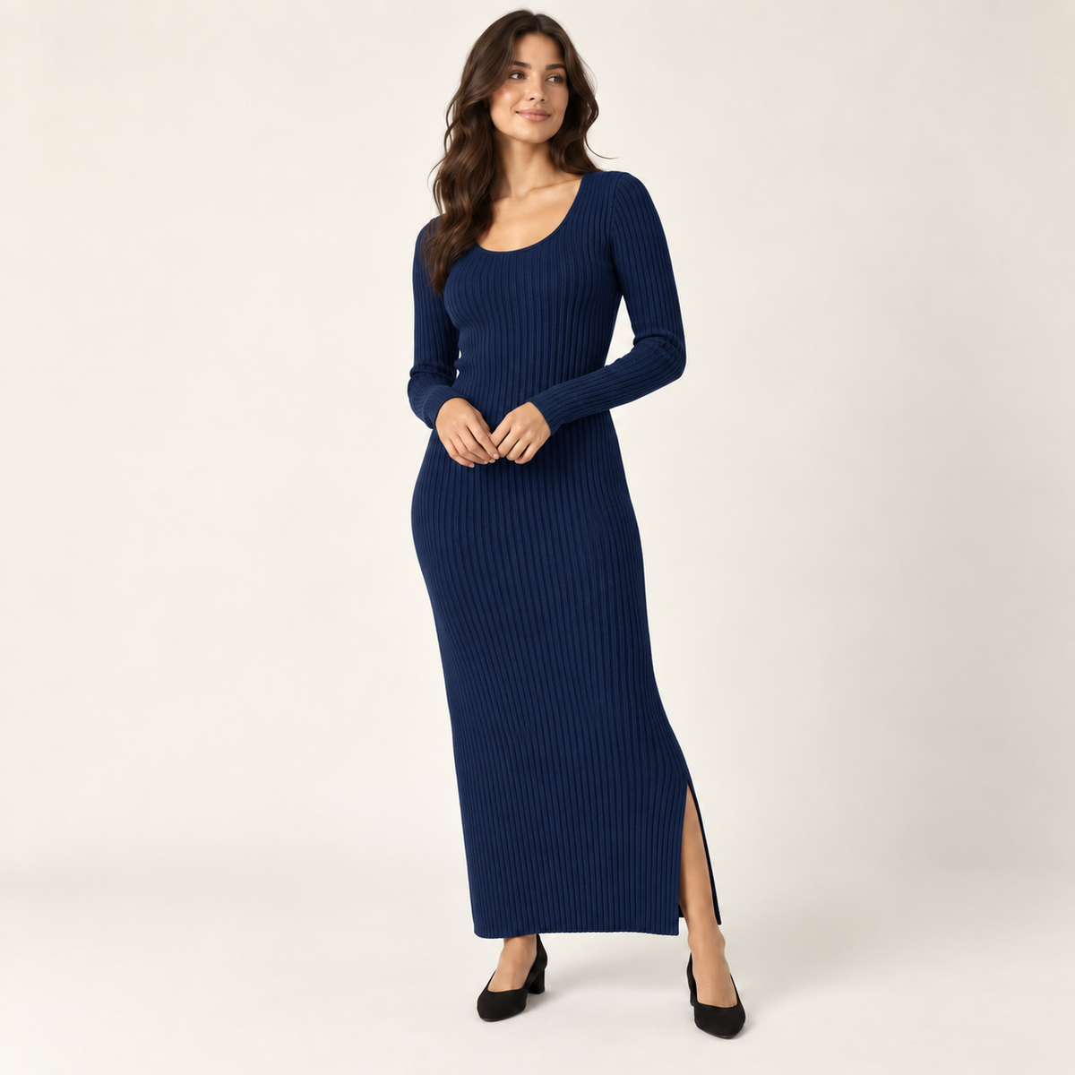 Ribbed Knit Maxi Dress in Navy