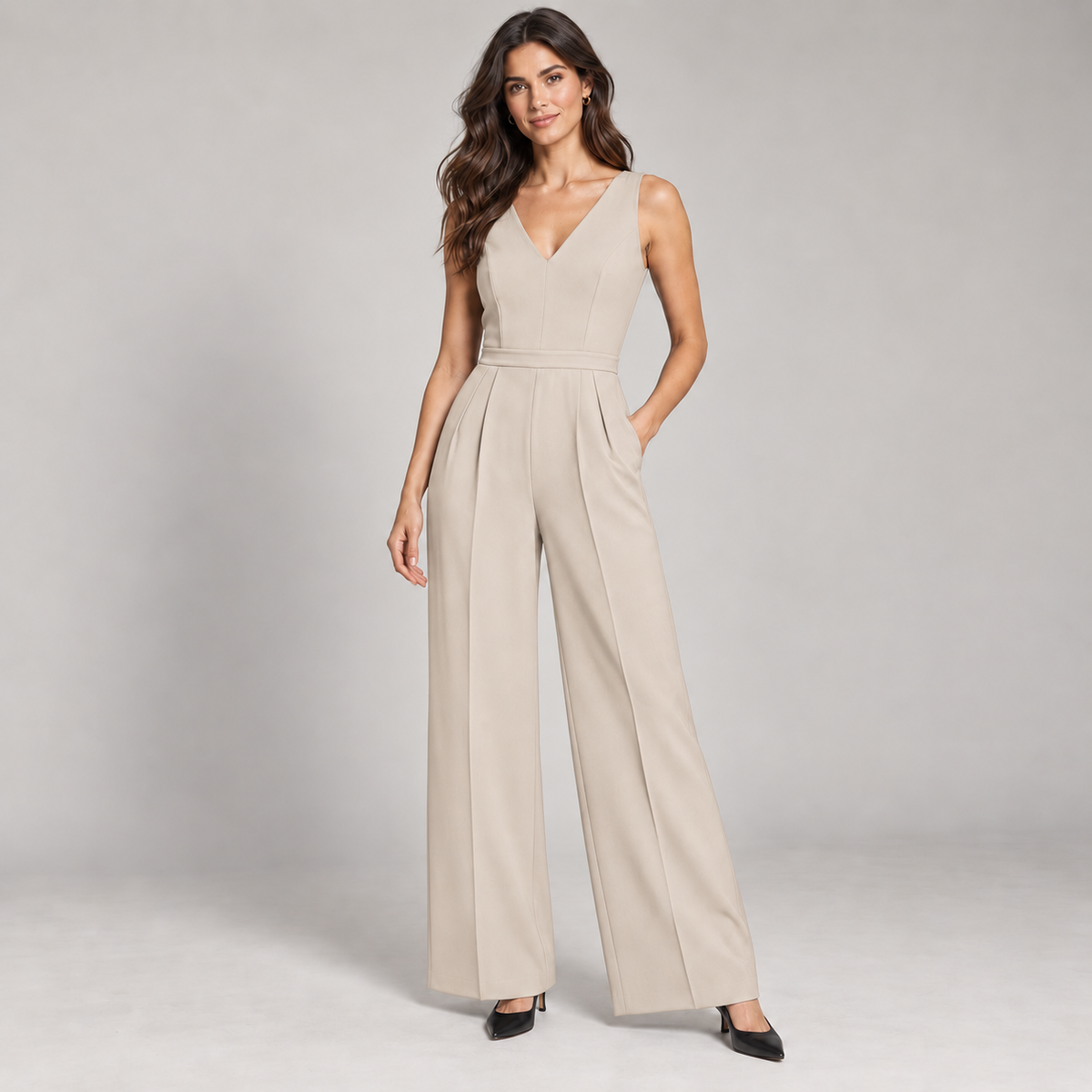Sleeveless Tailored Wide-Leg Jumpsuit in Stone