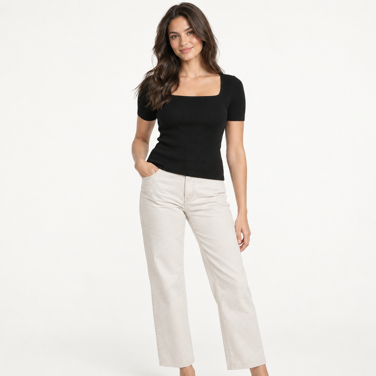 Square-Neck Ribbed Knit Top in Black