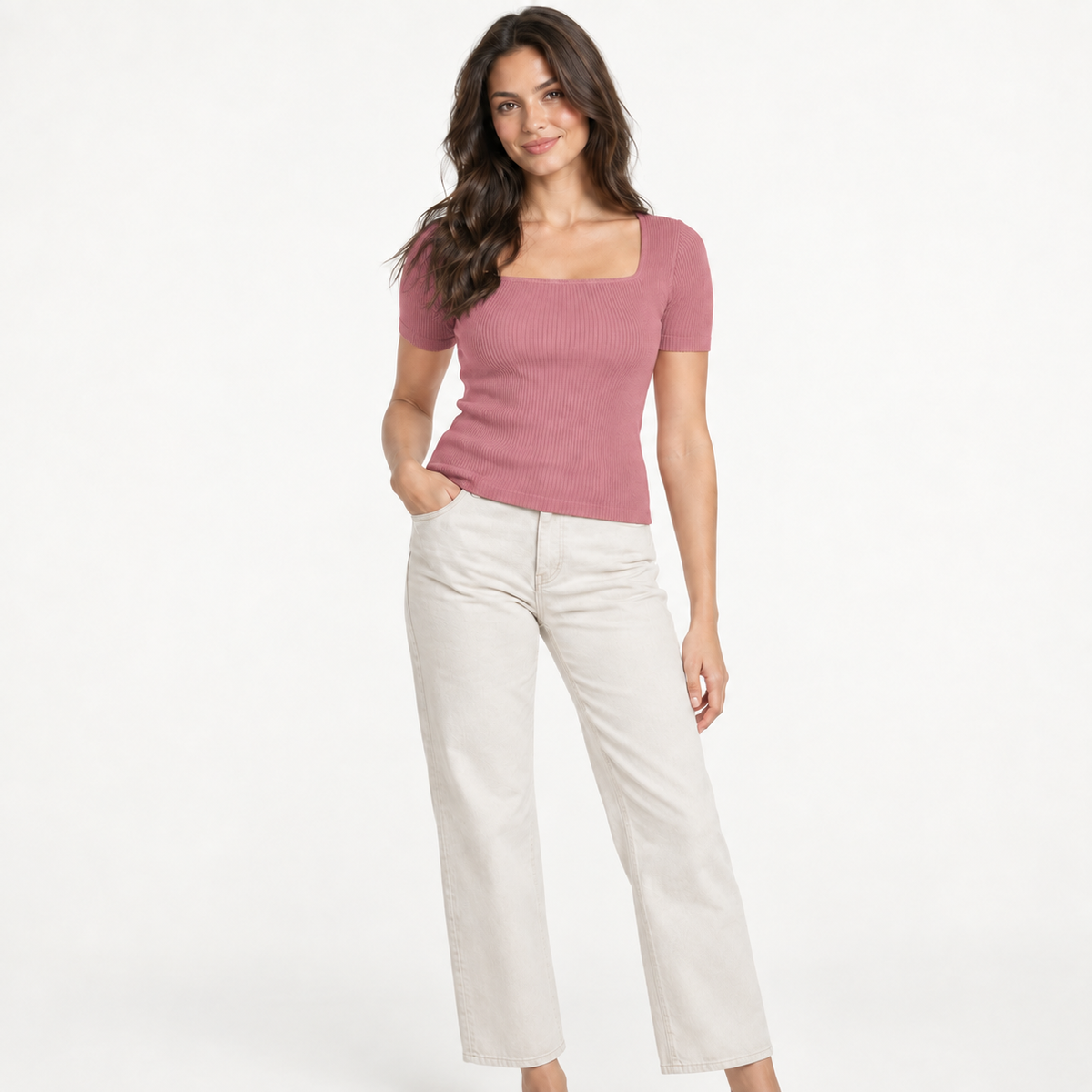 Square-Neck Ribbed Knit Top in Dusty Rose